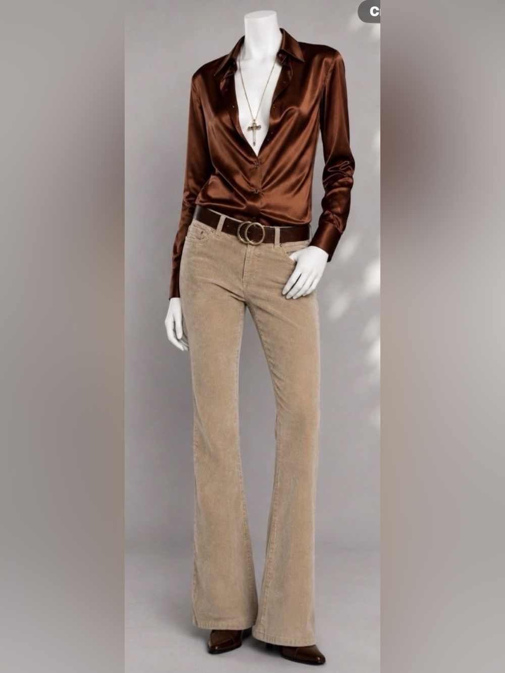 Ralph Lauren Brown Satin Blouse with Tan Corduroy Boot-Cut Pants